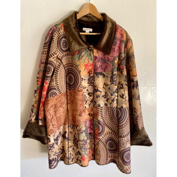 Coldwater Creek 3X Jacket Coat Floral Tapestry Faux Fur Collar Bohemian Chic EUC - Picture 1 of 10